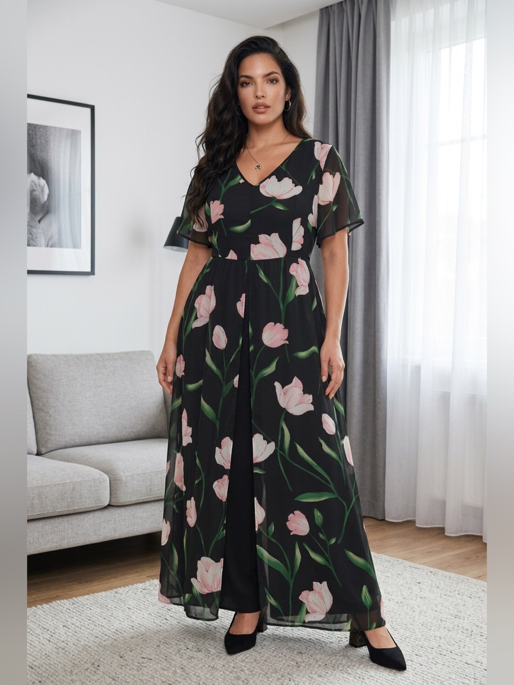 BloomChic Black Dress with Pink Floral Tulips